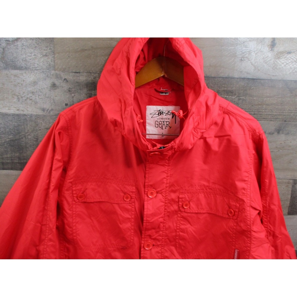 Stussy Gear Jacket Mens Large Red Hooded 650 Nylon Windbreaker Streetwear Skate